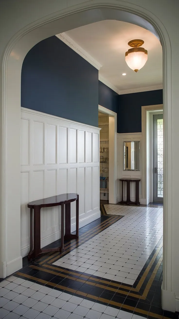 Step into elegance with this art deco entryway, showcasing stunning half-panel wainscoting that extends gracefully to the arched ceiling. The rich dark blue walls above, paired with the black, white, and gold tiled floor, create a sophisticated atmosphere. This is prime wainscoting for high ceilings, offering inspiration for wainscoting ideas and wainscoting for hallways or foyers. The wainscoting for foyers perfectly complements the art deco wainscoting style, while the overall design provides excellent wall trim ideas.