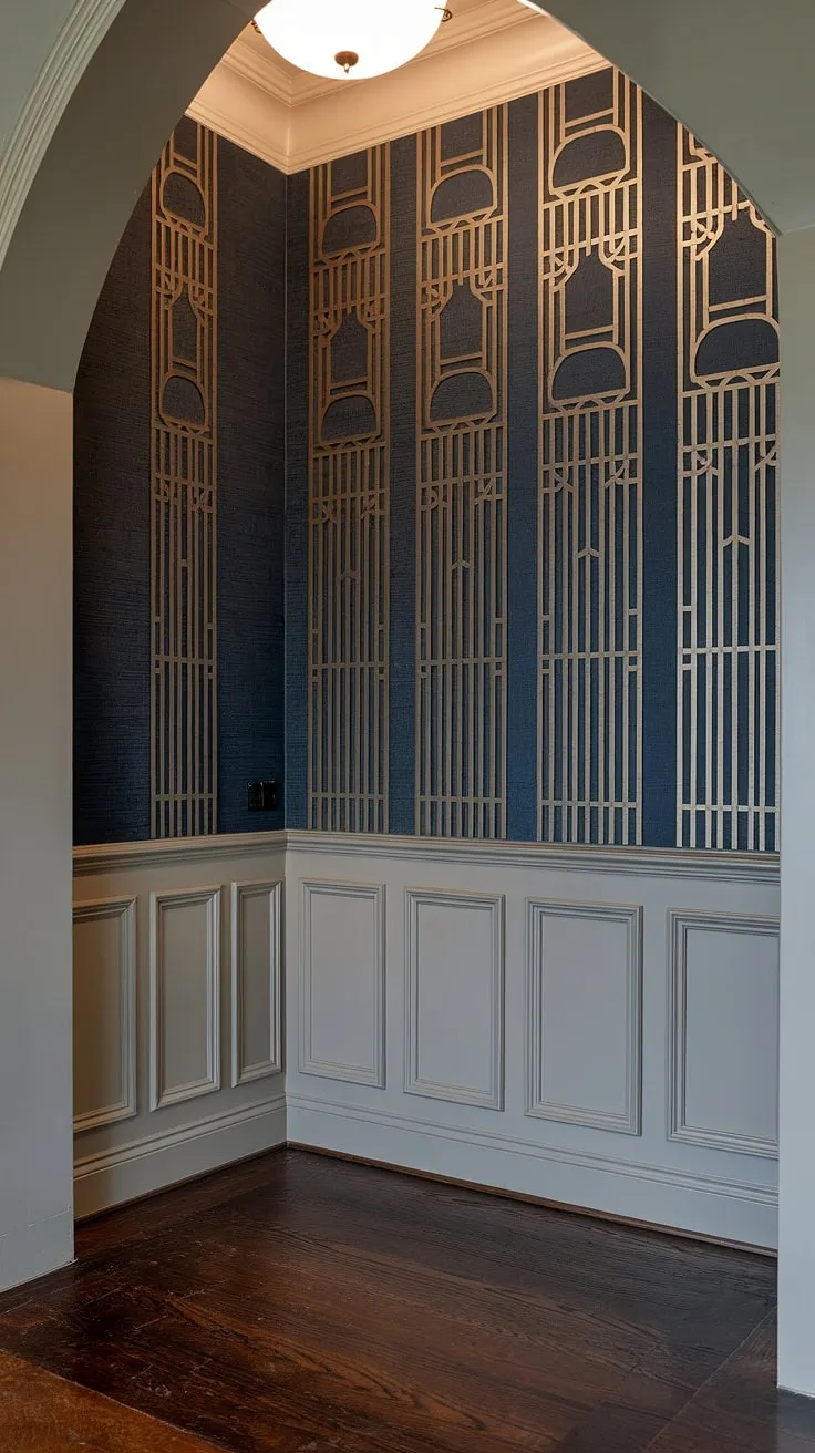 This dramatic entryway boasts breathtaking art deco wainscoting, a testament to the transformative power of wainscoting for foyers. The intricate half panel wainscoting, reaching all the way to the ceiling, creates a sense of grandeur. The deep blue entryway wallpaper provides a luxurious backdrop, making this a prime example of wainscoting ideas and wainscoting for hallways. Consider this inspiring design for your own home when exploring wainscoting for high ceilings and unique wall trim ideas.