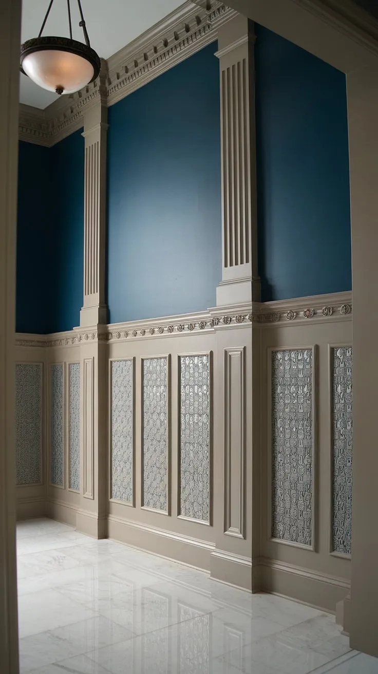 Step into elegance with this stunning entryway, showcasing exquisite art deco wainscoting that extends to the high ceilings. The rich blue walls above complement the intricate molding, offering a sophisticated take on wainscoting ideas. This full-height paneling, perfect for wainscoting for high ceilings and wainscoting for foyers, provides a dramatic backdrop while the white marble flooring adds a touch of classic luxury. Consider this inspiration for your own wainscoting for hallways or even entryway wallpaper choices. The half panel wainscoting design is a testament to the power of wall trim ideas in transforming a space.