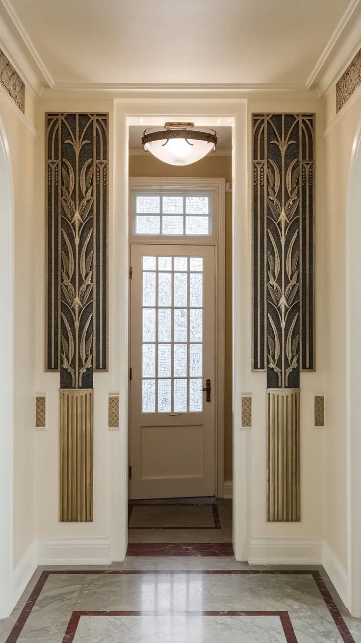 This stunning entryway showcases exquisite art deco wainscoting, extending dramatically to the ceiling. The intricate leaf and flower details offer endless wainscoting ideas, proving that half panel wainscoting can be anything but ordinary. Perfect wainscoting for high ceilings, this design transforms the space, making it ideal wainscoting for hallways and foyers alike. The marble flooring and transom window complete the luxurious feel, while the light colour walls provide a perfect backdrop. Consider this a masterclass in wall trim ideas, far surpassing simple entryway wallpaper.