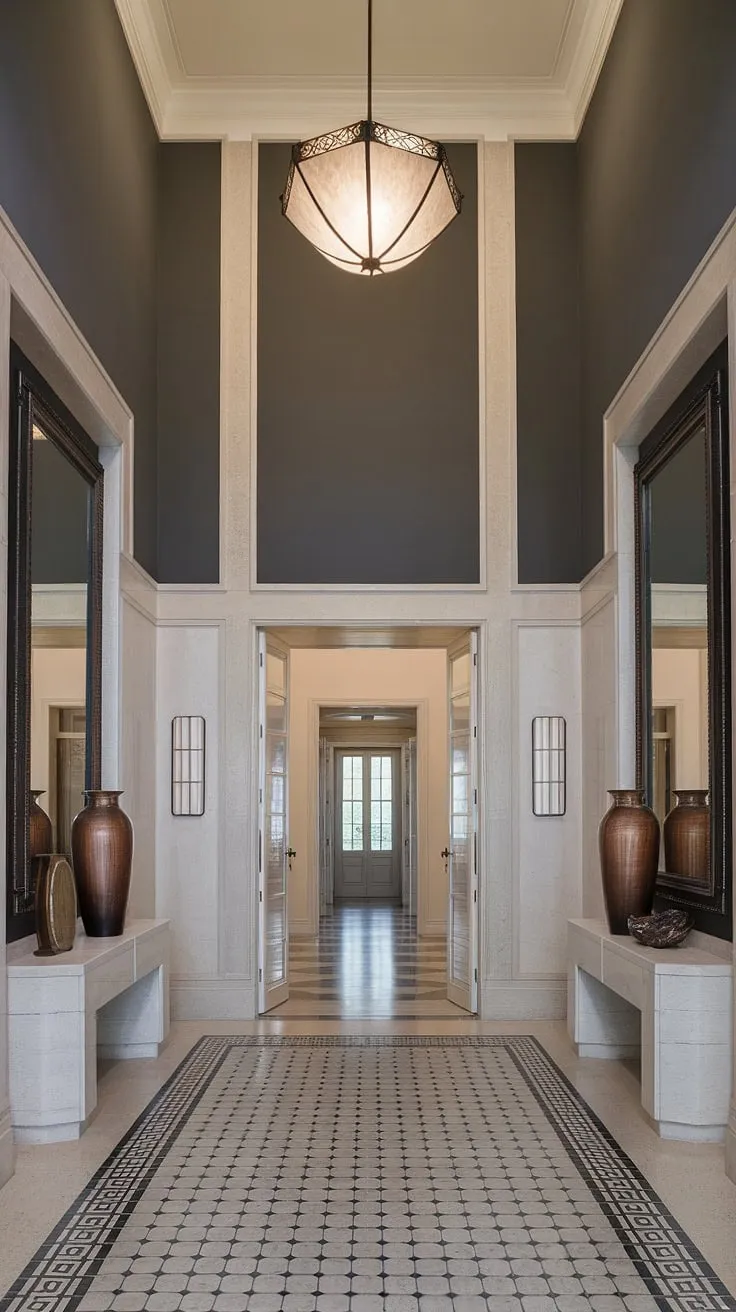 This art deco wainscoting is the perfect wainscoting for high ceilings, creating a dramatic focal point in this grand entryway. From wainscoting for foyers to wainscoting for hallways, this half panel wainscoting offers endless wainscoting ideas for your home. The perfect blend of classic and modern wall trim ideas.