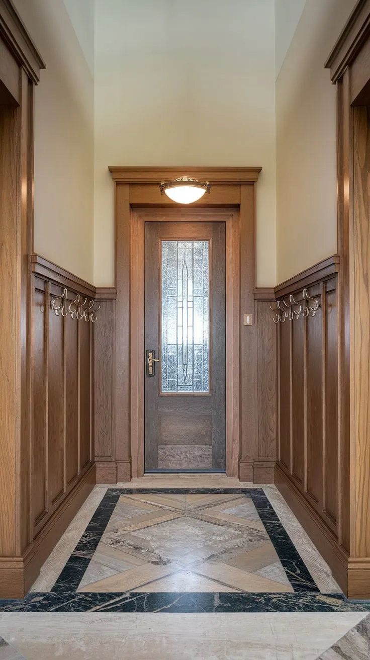Step into elegance with this stunning art deco entryway wainscoting. From wainscoting ideas to wainscoting for high ceilings, this design showcases the perfect blend of style and functionality, offering inspiration for wainscoting for hallways and foyers. The half panel wainscoting and wall trim ideas create a timeless look.