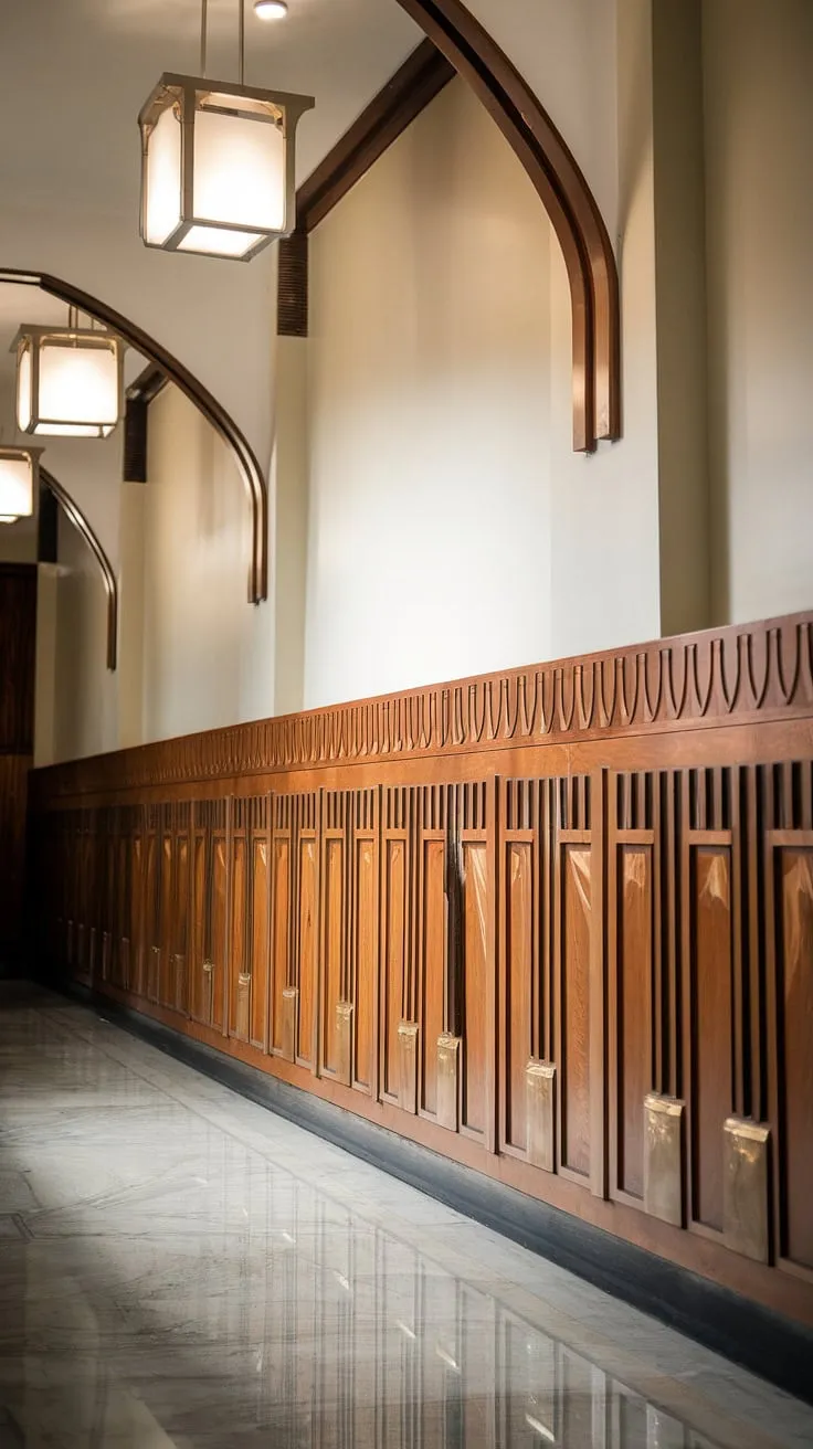 The elegance of this hallway is undeniable, thanks to the exquisite art deco wainscoting. This full-height wainscoting for high ceilings transforms the space, offering inspiration for wainscoting ideas and wainscoting for foyers. The rich detail of the entryway wainscoting is beautifully contrasted by the crisp white walls and polished marble floor. For those seeking sophisticated wall trim ideas, this is a prime example of how to use wainscoting for hallways, surpassing the need for entryway wallpaper. It's a breathtaking example of half panel wainscoting reimagined.