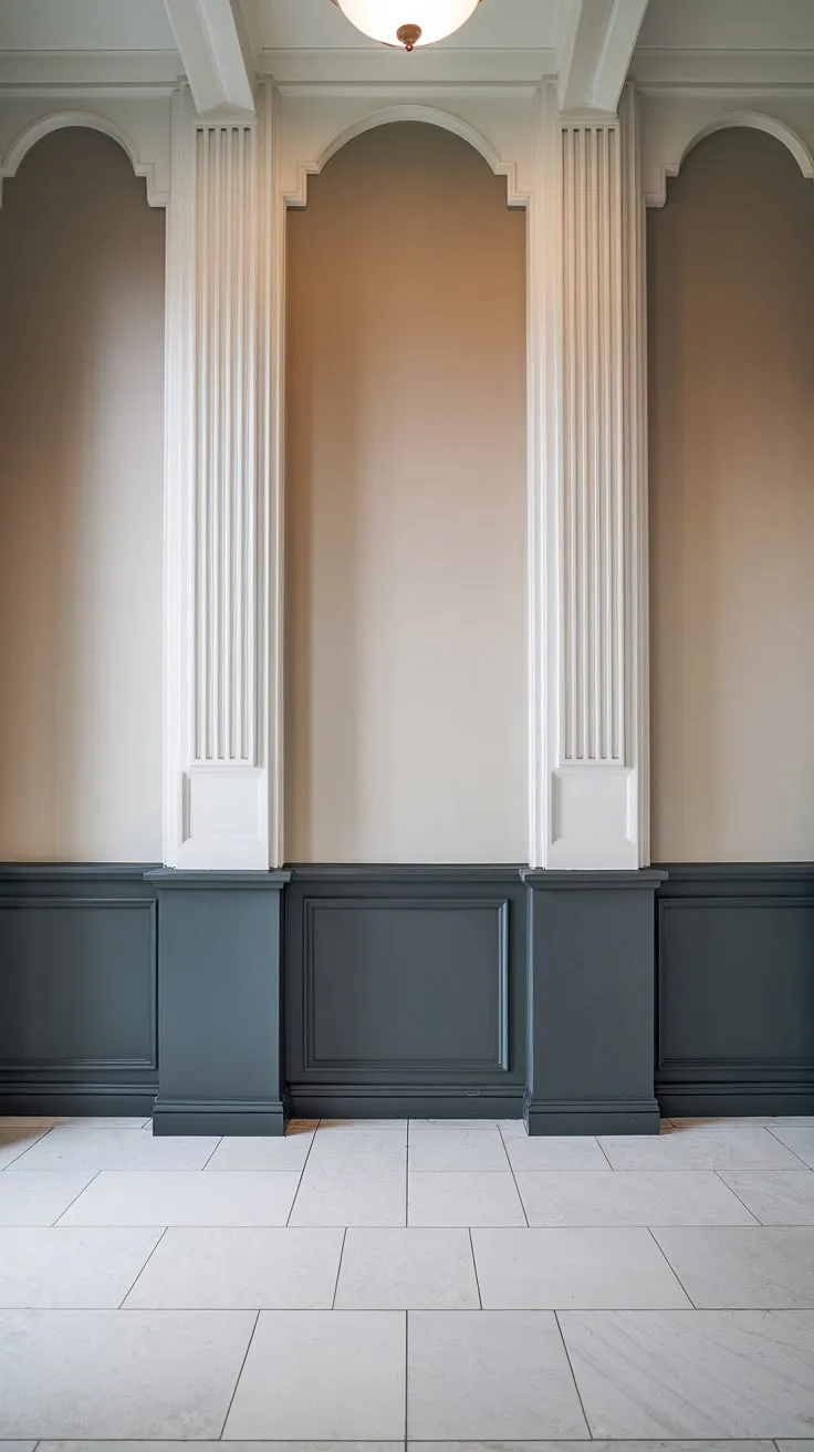 This dramatic entryway, featuring striking art deco wainscoting, proves that wainscoting for high ceilings can be breathtaking. Consider this a masterclass in wainscoting for hallways and foyers; a showcase of half panel wainscoting and elegant wall trim ideas. While entryway wallpaper might be tempting, this wainscoting speaks volumes.