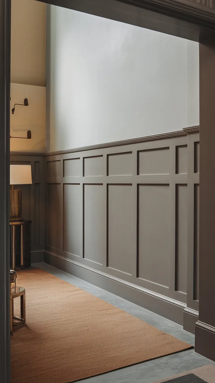 This art deco entryway wainscoting design is pure elegance. The half-panel wainscoting, a perfect example of wainscoting for hallways and foyers, makes a statement. Consider this inspiration for your own entryway wallpaper and wainscoting ideas, especially for those with high ceilings.