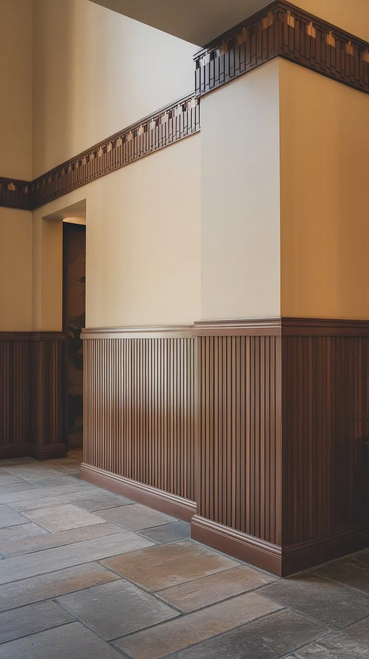 Step into refined style with this art deco inspired entryway. The dramatic effect of the half-panel wainscoting, reaching from floor to high ceiling, is breathtaking. This is a showcase of wainscoting for foyers and offers excellent wainscoting ideas for those with high ceilings. The subtle entryway wallpaper and carefully chosen wall trim ideas complement the wainscoting for hallways perfectly, creating a truly unforgettable space. This is a testament to the versatility of wainscoting.