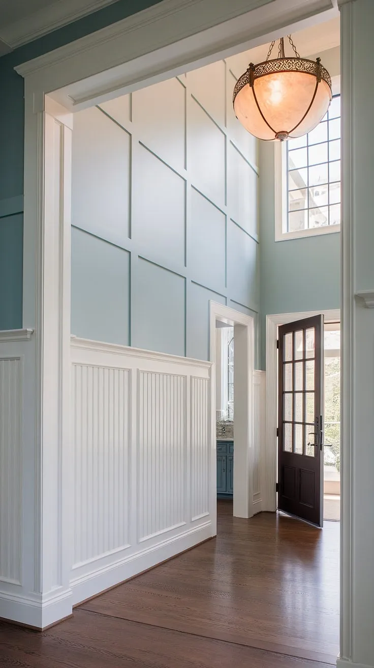Elevated elegance: This entryway wainscoting design, featuring half-panel wainscoting for high ceilings, showcases stunning wainscoting ideas. The light blue and white color scheme complements the dark wood floors, creating a sophisticated foyer. Perfect wainscoting for hallways and a great example of art deco wainscoting.
