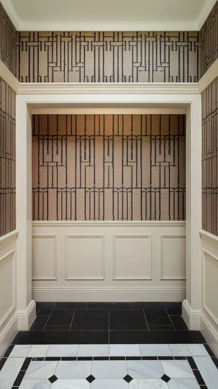 The geometric patterned wallpaper and art deco wainscoting create a striking focal point in this spacious entryway. This design demonstrates clever wainscoting for foyers, using wainscoting for high ceilings to maximize impact. The white wainscoting offers a clean contrast to the rich wall colors, providing excellent wainscoting ideas and showcasing the versatility of wainscoting for hallways. The black and white floor tiles add a touch of classic style to this impressive entryway wallpaper and wall trim ideas.