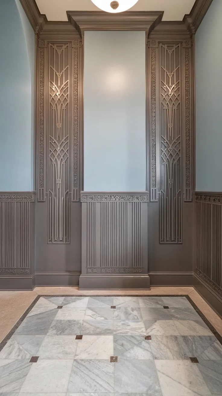 Grand entryway wainscoting elevates this space with its art deco flair. Wainscoting ideas like this, especially wainscoting for high ceilings, transform hallways and foyers. Consider this half panel wainscoting for your own home, or explore entryway wallpaper options to complement the wall trim ideas.