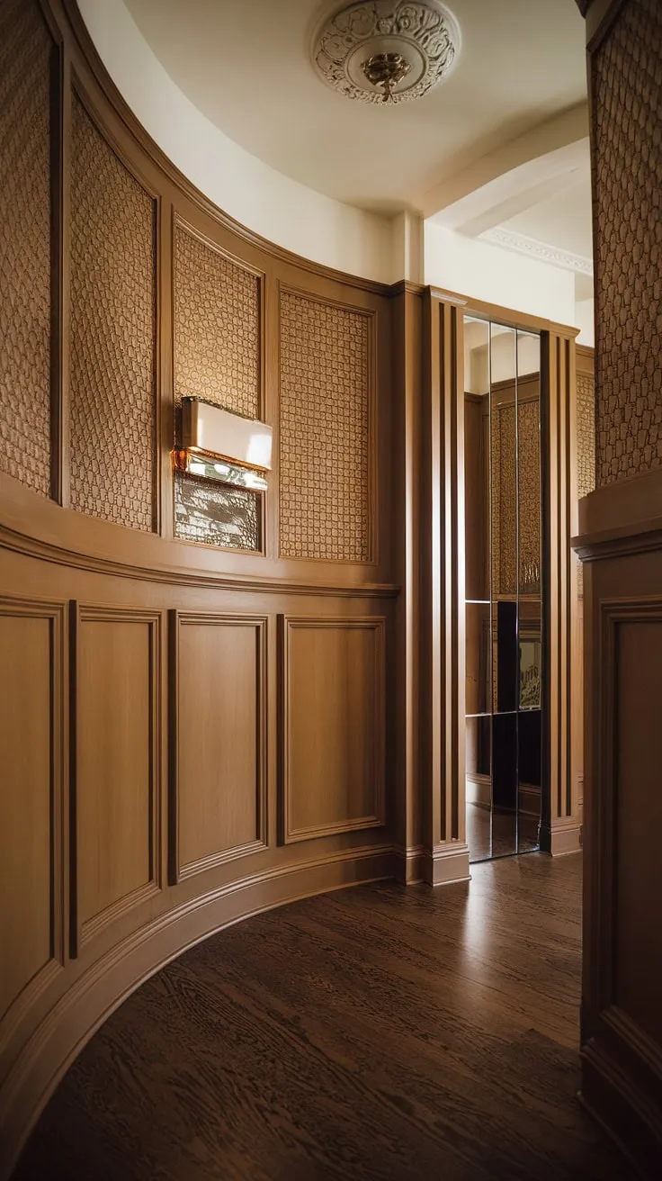 Art deco dreams are made of this: entryway wainscoting that elevates the ordinary to the extraordinary. The curved walls beautifully showcase the wainscoting for foyers, while the entryway wallpaper adds a layer of refined texture. Find inspiration for your own home with these wainscoting ideas, perfect for half panel wainscoting and wainscoting for hallways.
