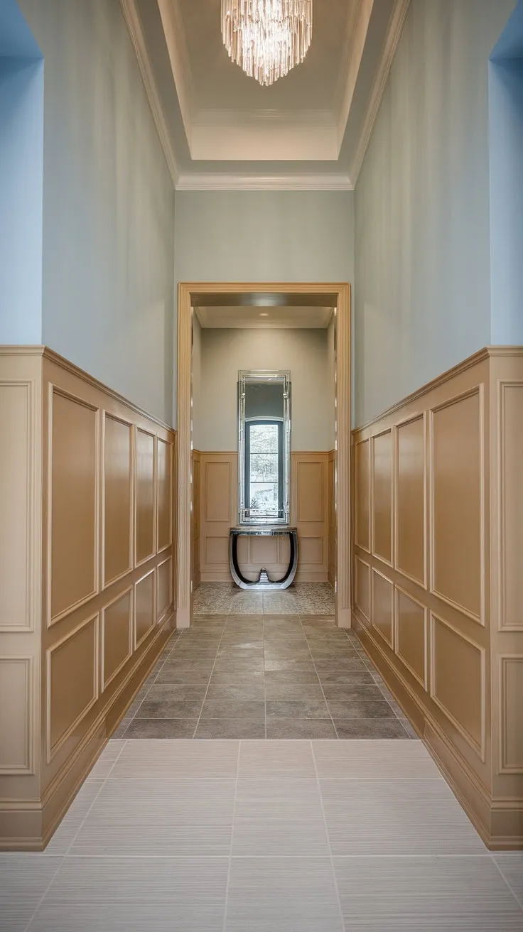 Sophisticated entryway wainscoting elevates this space. Half-panel wainscoting adds Art Deco charm, perfect wainscoting ideas for high ceilings and foyers. Consider this elegant wainscoting for hallways or your own entryway wallpaper dreams.