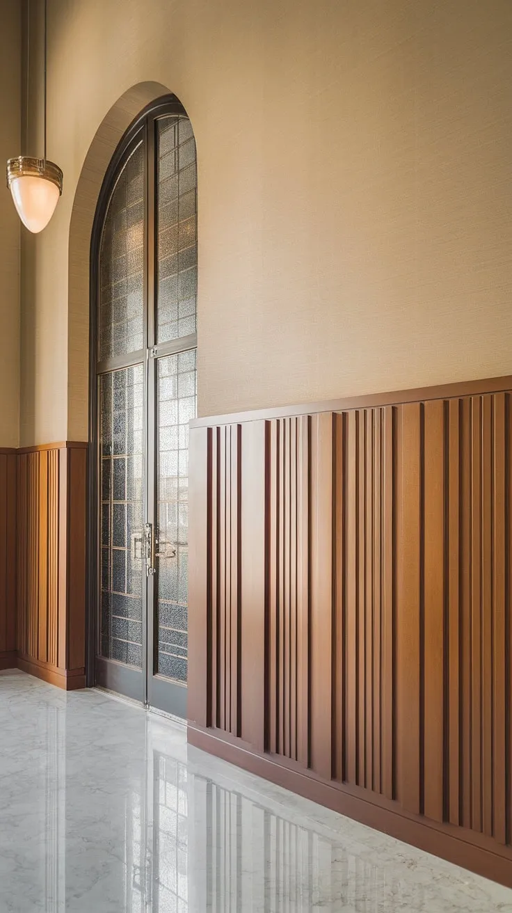 This breathtaking entryway wainscoting elevates the space with its art deco design and half-panel detailing. From wainscoting for foyers to wall trim ideas, this installation offers endless inspiration. The perfect example of wainscoting for high ceilings, it seamlessly blends style and functionality.