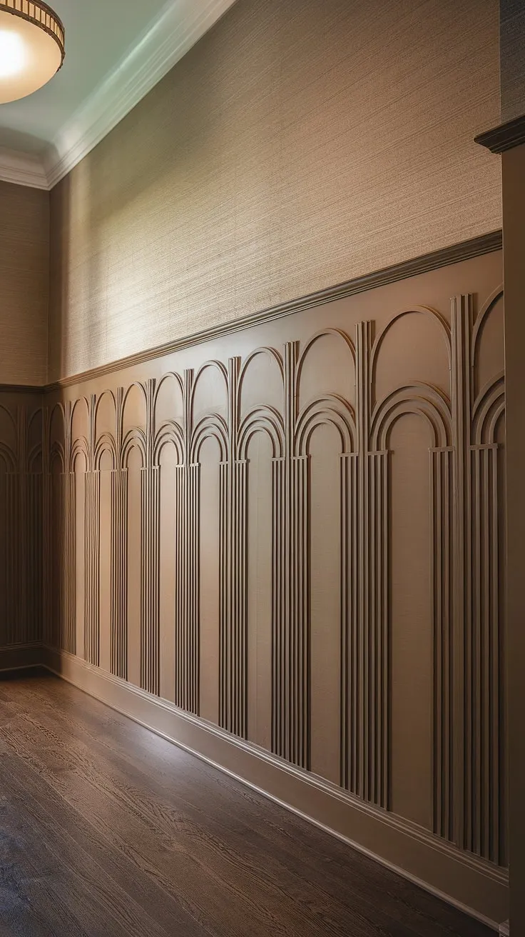 Art Deco dreams in this grand entryway. The striking wainscoting for foyers, a masterpiece of half panel wainscoting, elevates the space. Find inspiration for your own home with these wainscoting ideas, perfect for hallways and high ceilings. Entryway wallpaper completes the luxurious look.