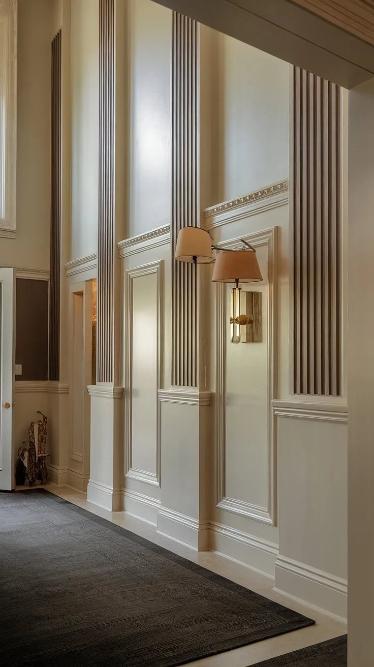 Elegant entryway wainscoting elevates this space. Art deco inspired, the half panel wainscoting and wainscoting for high ceilings create a stunning focal point. Perfect wainscoting ideas for hallways and foyers, showcasing beautiful wall trim ideas. Consider this for your own entryway wallpaper or wainscoting for hallways.