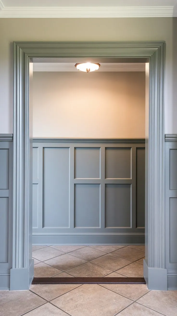 This stunning entryway showcases the elegance of full-height, half-panel wainscoting, extending all the way to the ceiling. The light grey upper walls complement the rich wood tones, offering a sophisticated take on wainscoting for high ceilings and providing inspiration for wainscoting ideas in hallways and foyers. The art deco influences in the design are subtle yet striking, making it a perfect example of wainscoting for hallways or as a statement piece in any entryway. Consider this a masterclass in wall trim ideas, showcasing how wainscoting can transform a space. While entryway wallpaper might be tempting, the wainscoting itself is the star of this design.