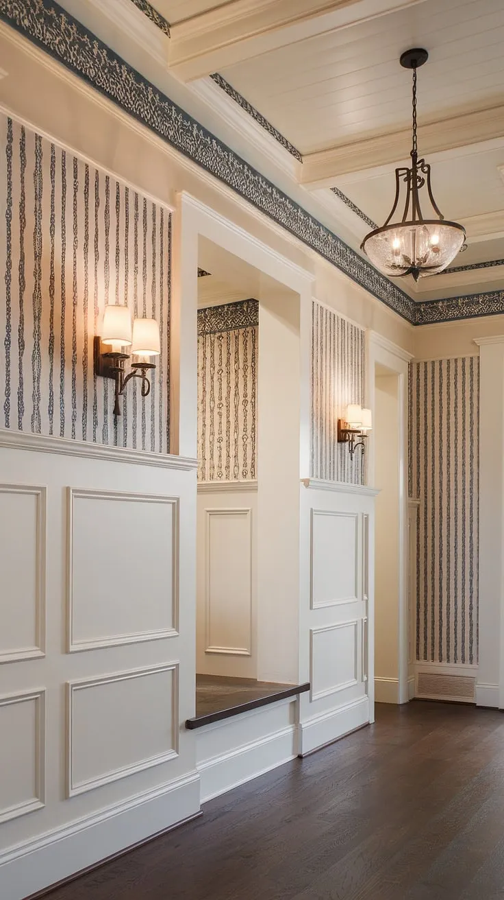 Grand entryway design showcasing elegant wainscoting for high ceilings. The half panel wainscoting, a stunning example of wainscoting ideas, extends to the floor, creating a striking contrast with the patterned entryway wallpaper below. Art deco influences are subtly present in the wall trim ideas, while the chandelier and sconces add a touch of glamour. This wainscoting for foyers and hallways is a masterclass in sophisticated design.