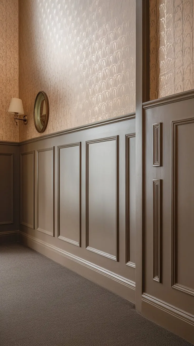 This stunning entryway showcases the elegance of art deco wainscoting, extending to the high ceiling for a dramatic effect. The half-panel wainscoting, a perfect example of wainscoting ideas for foyers, is complemented by subtle beige entryway wallpaper. This design offers inspiration for wainscoting for hallways and demonstrates how wainscoting for high ceilings can transform a space. The dark grey carpet and wall-mounted lamp and mirror complete the sophisticated look, providing excellent wall trim ideas.