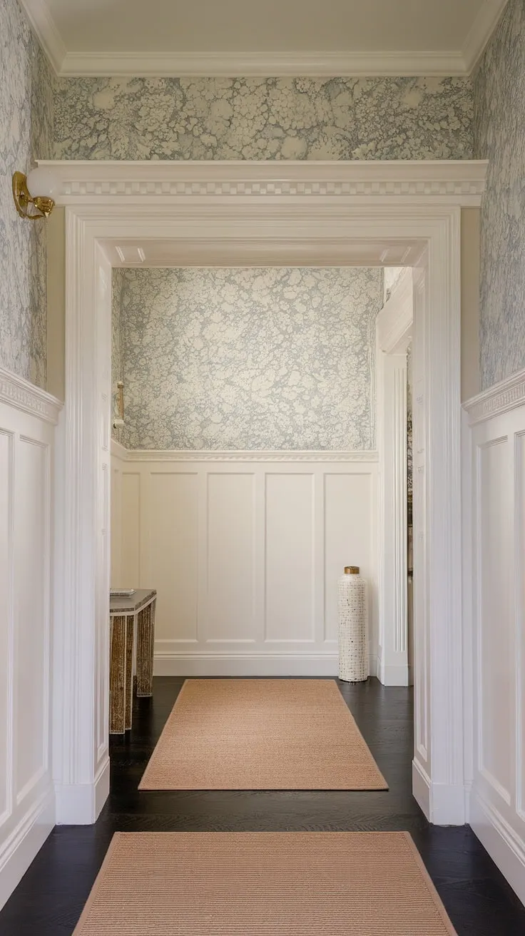 The high ceilings of this foyer are dramatically enhanced by the rich texture of the art deco wainscoting. This wainscoting for foyers demonstrates clever wainscoting ideas, using half-panel wainscoting to create visual interest. The subtle blue and white floral entryway wallpaper above the wainscoting adds a touch of femininity, while the overall design offers excellent wainscoting for hallways and serves as a prime example of wainscoting for high ceilings. Note the beautiful wall trim ideas incorporated into this design.