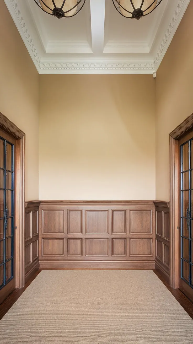 This art deco wainscoting transforms a simple entryway into a grand statement. The wainscoting for high ceilings is a stunning example of half panel wainscoting, offering endless wainscoting ideas for foyers and hallways. A perfect blend of classic and modern design.
