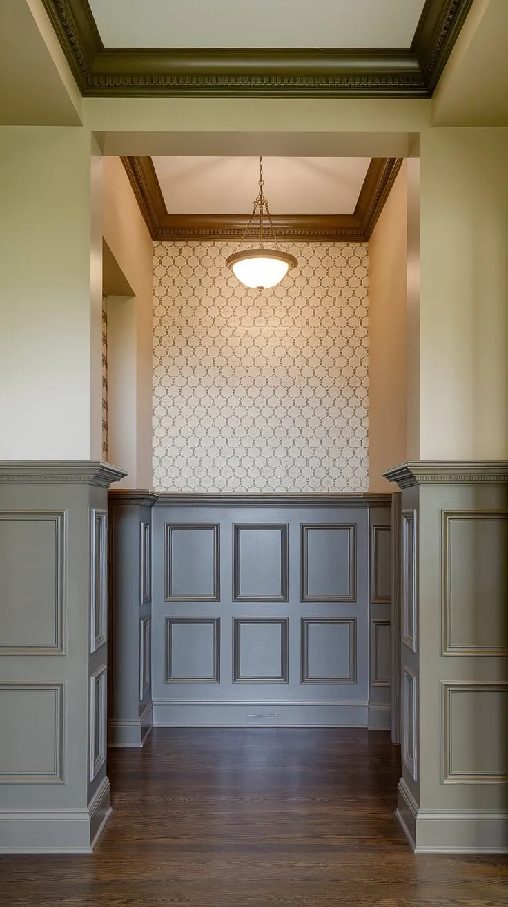 The beige walls of this spacious entryway are beautifully accented by dark wood wainscoting, a striking example of wainscoting for hallways and foyers. The half panel wainscoting creates a visual focal point, while the entryway wallpaper above adds a touch of personality. This design offers inspiration for wainscoting ideas, particularly wainscoting for high ceilings, demonstrating how to effectively use wall trim ideas to enhance a grand space. The art deco wainscoting subtly elevates the overall aesthetic.