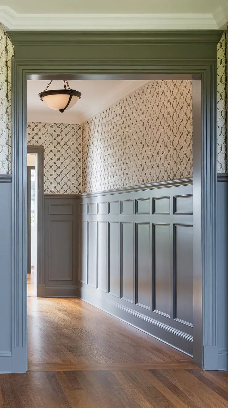 Elegant wainscoting for foyers takes center stage in this impressive entryway. The half-panel wainscoting, reaching all the way to the high ceiling, is a striking example of wainscoting ideas and wainscoting for hallways. The entryway wallpaper adds a touch of Art Deco flair, making this a truly unique space. This design demonstrates how to effectively use wainscoting for high ceilings and offers inspiring wall trim ideas.