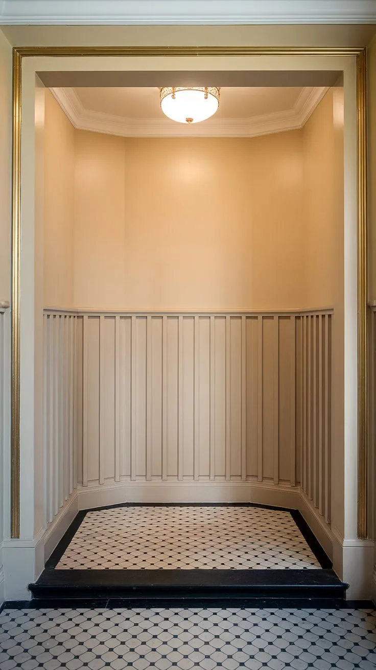 Step into elegance with this art deco entryway, showcasing stunning half-panel wainscoting that extends to the high ceilings. The rich, gold wall trim complements the soft beige walls above, while the black and white checkered floor adds a touch of geometric flair. This is prime inspiration for wainscoting ideas, particularly wainscoting for hallways and foyers, demonstrating how wainscoting for high ceilings can transform a space. Consider this a masterclass in art deco wainscoting and wall trim ideas. While entryway wallpaper might be considered, the wainscoting itself is the undeniable star.