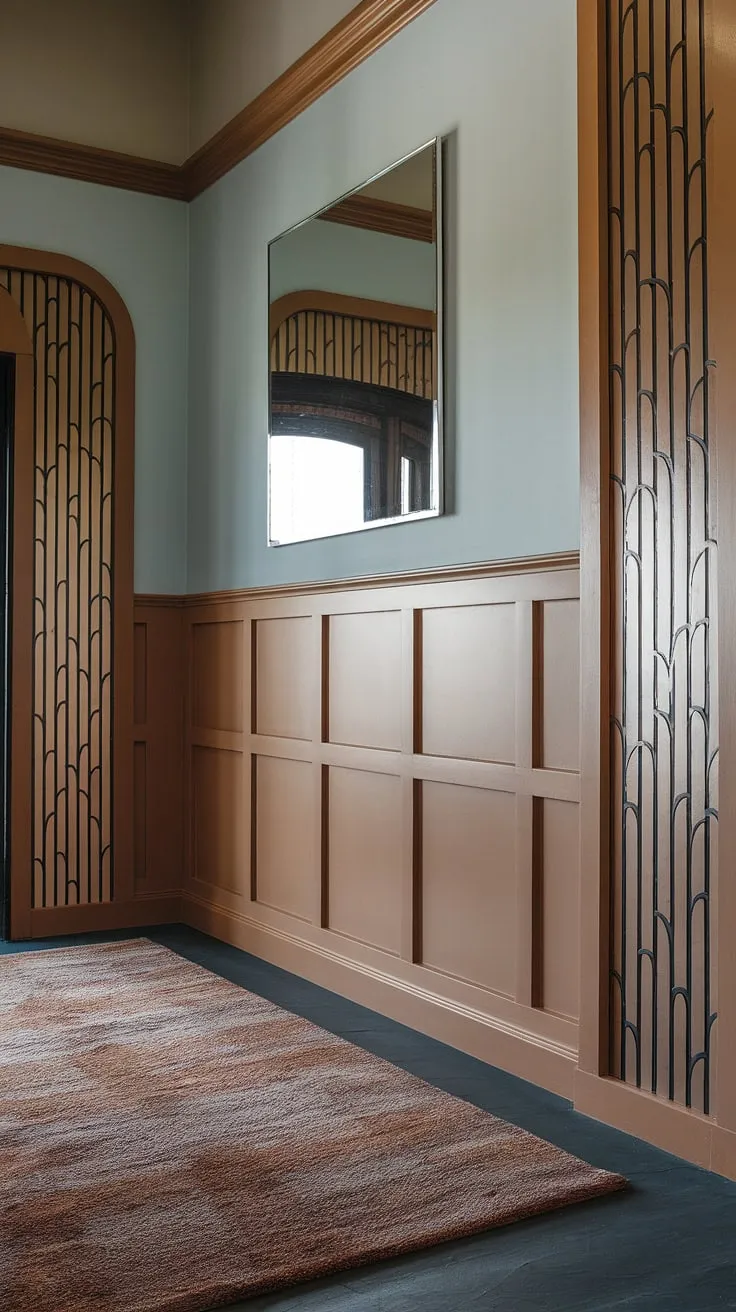 Step into elegance with this art deco entryway, showcasing stunning wainscoting ideas. The half-panel wainscoting, extending to the high ceilings, creates a dramatic focal point, perfect for wainscoting for foyers and hallways. The light blue wall above complements the rich wood tones, offering a sophisticated take on wainscoting for high ceilings. This design is a masterclass in wall trim ideas, proving that wainscoting for hallways can be both grand and inviting. The large mirror adds to the spacious feel, while the plush rug completes the luxurious ambiance. Consider this a prime example of art deco wainscoting.
