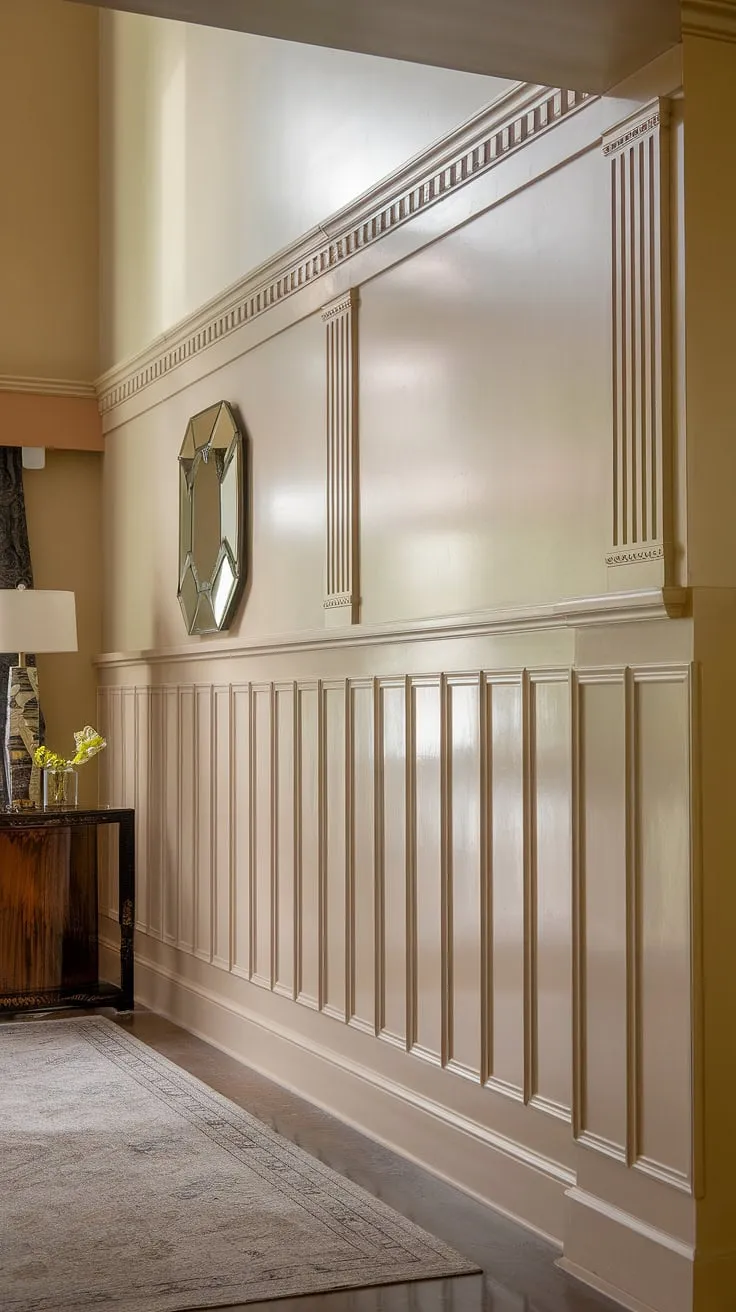 Sophisticated and dramatic, this art deco wainscoting transforms this entryway into a showstopper. The half-panel wainscoting, reaching all the way to the high ceiling, is a masterclass in wainscoting for foyers and offers inspiring wainscoting ideas for hallways. The design is a perfect example of wainscoting for high ceilings, showcasing the potential of wall trim ideas to elevate a space. Consider this a testament to the power of wainscoting in creating a truly memorable entrance; far surpassing the need for entryway wallpaper.