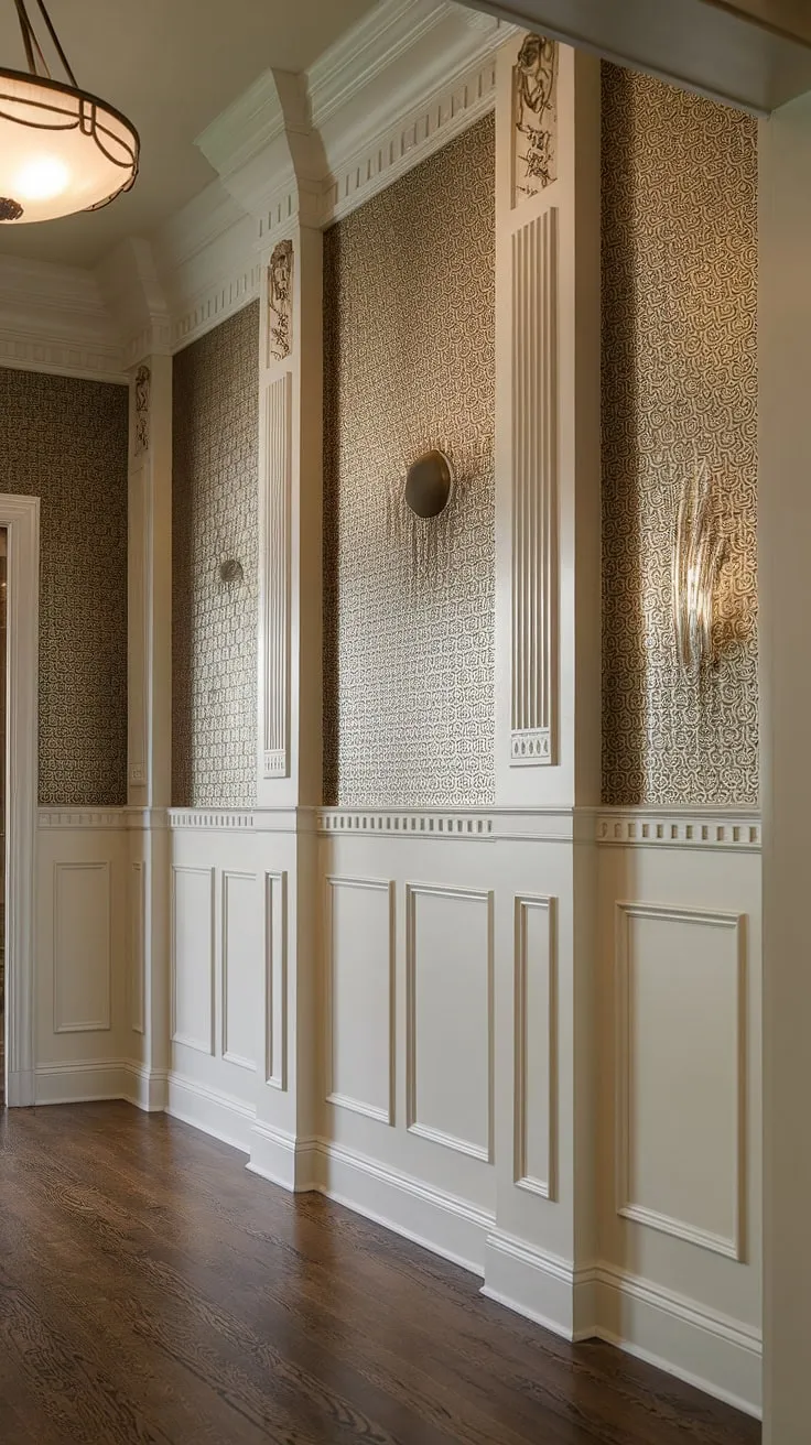 Step into elegance with this stunning entryway, showcasing breathtaking art deco wainscoting that extends to the high ceilings. The intricate detailing offers endless wainscoting ideas, proving that wainscoting for high ceilings can be both dramatic and refined. The rich, patterned entryway wallpaper complements the half panel wainscoting perfectly, creating a sophisticated foyer. This is a prime example of wainscoting for hallways and foyers, demonstrating how impactful wainscoting for high ceilings can be. The dark wood flooring adds a touch of warmth, completing this luxurious design with inspiring wall trim ideas.