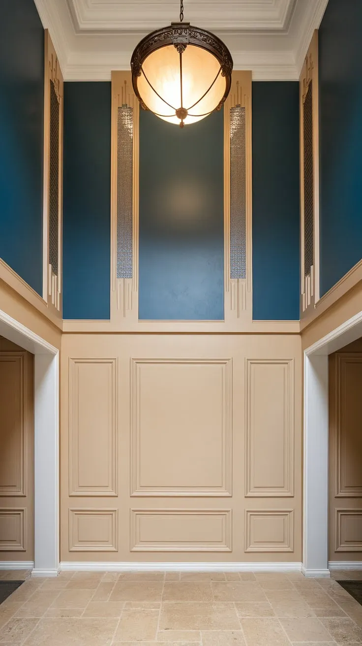 Sophisticated and striking, this entryway's art deco wainscoting is a testament to the power of wainscoting for foyers. The half-panel wainscoting design, reaching the high ceilings, is a brilliant example of wainscoting for high ceilings and offers unique wainscoting ideas. The color combination—a calming beige below and a rich blue above—is both unexpected and elegant. This design provides inspiration for entryway wainscoting and wall trim ideas, proving that even entryway wallpaper isn't always necessary to create a stunning space.