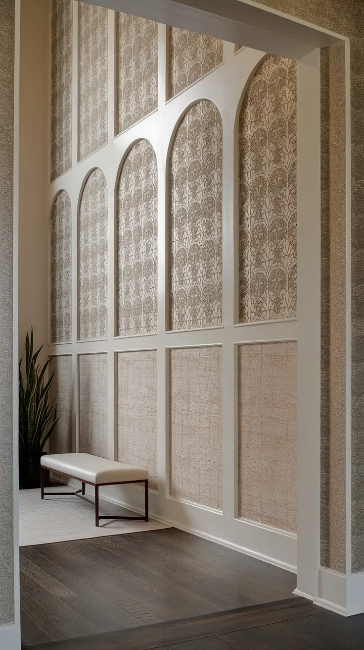 The sophisticated art deco wainscoting in this entryway is a masterclass in wainscoting for hallways. The half panel wainscoting, featuring intricate floral details, is a striking example of wainscoting ideas for those with high ceilings. The beige entryway wallpaper and dark wood flooring provide a rich backdrop, making this a perfect illustration of wainscoting for foyers. Consider this design inspiration for your next wall trim ideas.