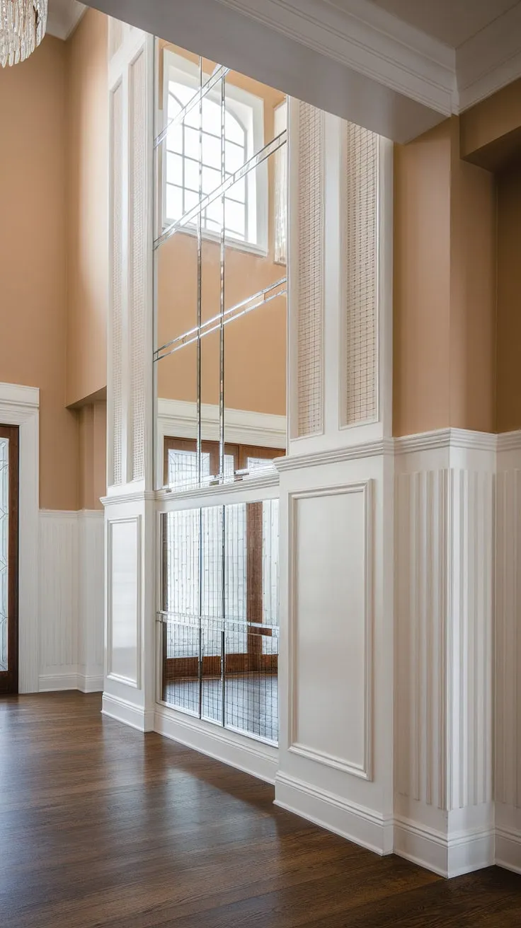 Grand entryway wainscoting elevates this space. Art Deco half panel wainscoting, reaching the high ceilings, offers stunning wainscoting ideas for hallways and foyers. A perfect example of wainscoting for high ceilings and a chic alternative to entryway wallpaper.