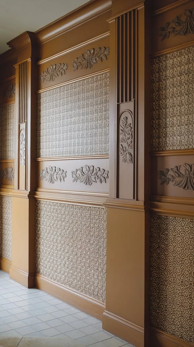 This art deco wainscoting transforms a simple entryway into a breathtaking space. The full-height paneling, complete with decorative floral details, provides a luxurious backdrop for the patterned entryway wallpaper. Consider this design for your own wainscoting for foyers or hallways—it's a perfect example of wainscoting ideas and wainscoting for high ceilings, showcasing the beauty of half panel wainscoting and sophisticated wall trim ideas.