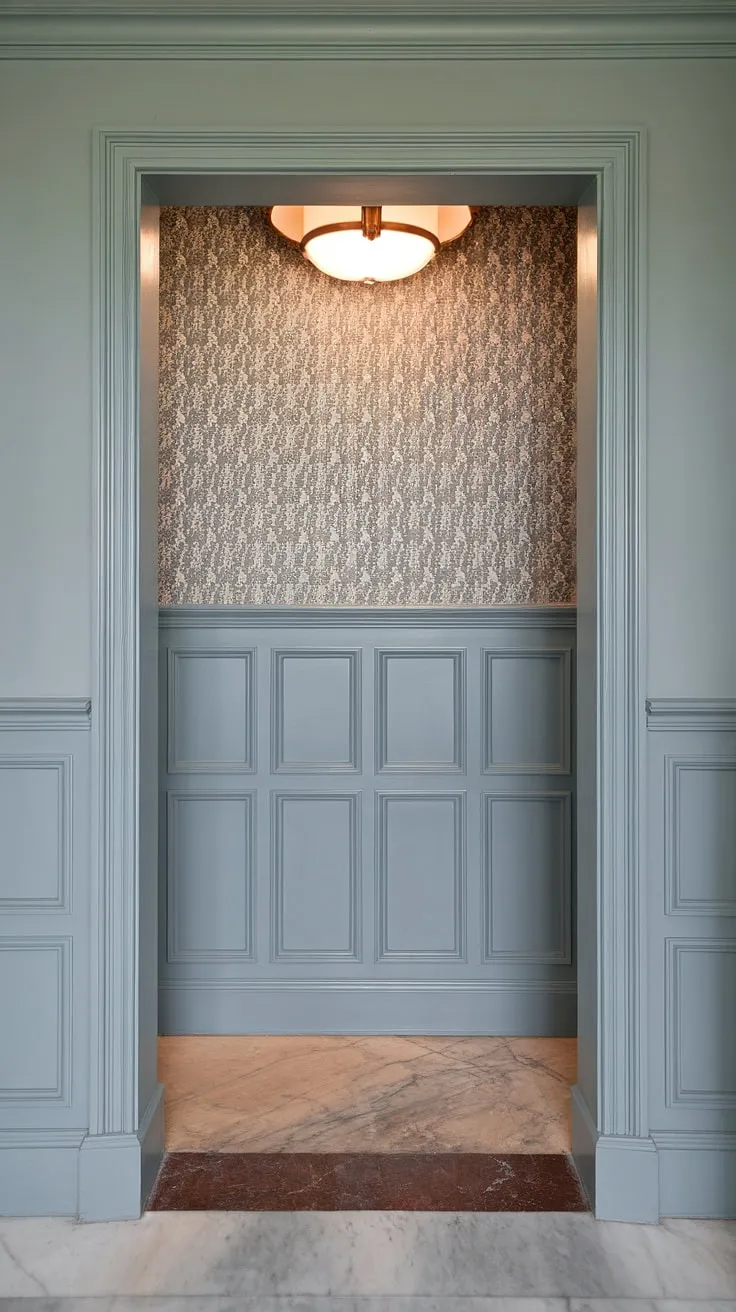 This stunning entryway wainscoting design uses half-panel wainscoting for high ceilings, maximizing space and style. Art deco details elevate this wainscoting for hallways and foyers, offering inspiration for your own wainscoting ideas.