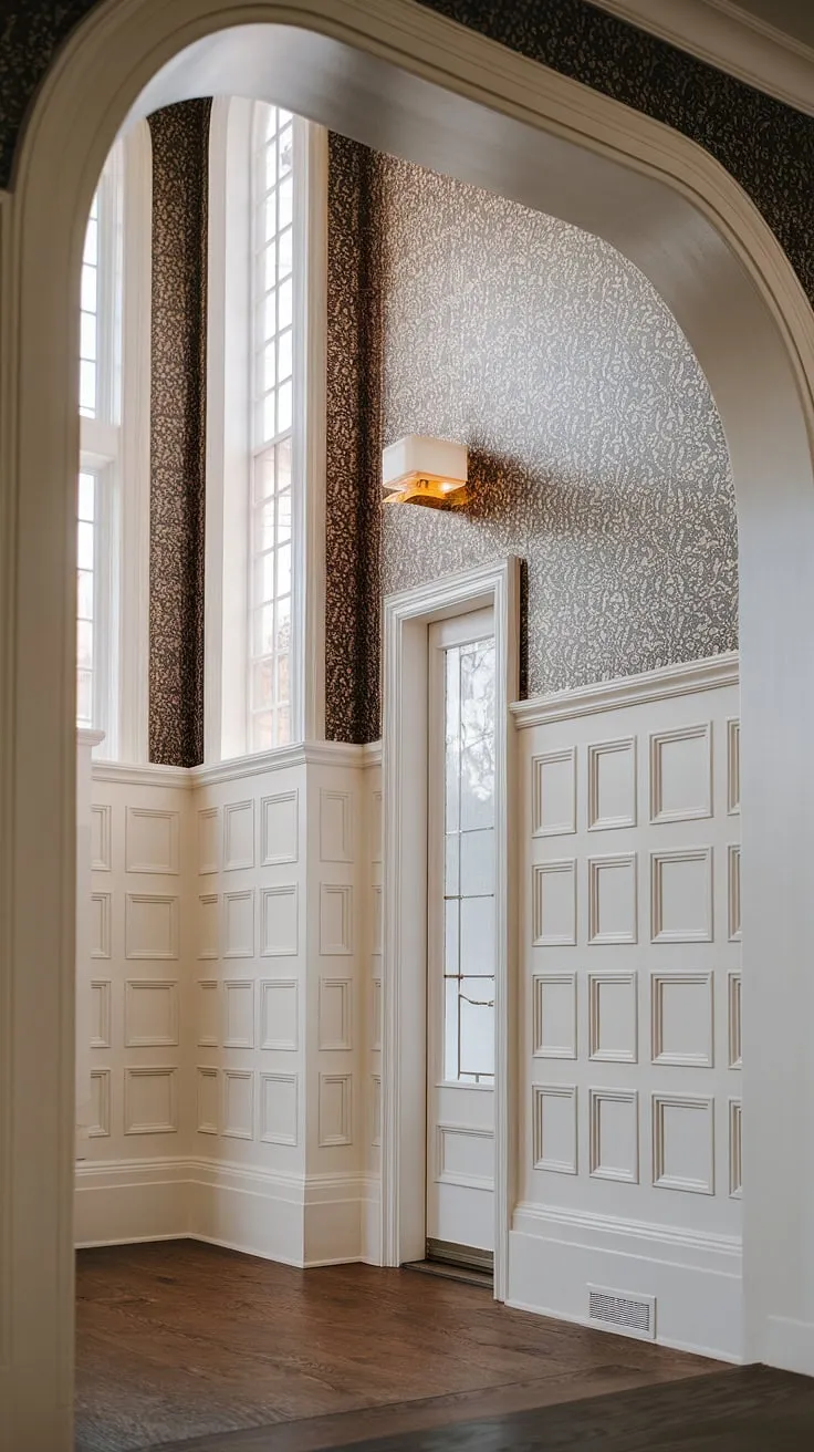 This elegant entryway showcases stunning wainscoting ideas, with half panel wainscoting extending to the bottom of the windows. The crisp white wainscoting for high ceilings beautifully complements the floral entryway wallpaper above, creating a sophisticated contrast. The dark hardwood floor and subtle art deco influences, including curved edges and geometric patterns, complete this design. Perfect wainscoting for hallways and foyers alike, this space offers inspiration for wainscoting for high ceilings and wall trim ideas.