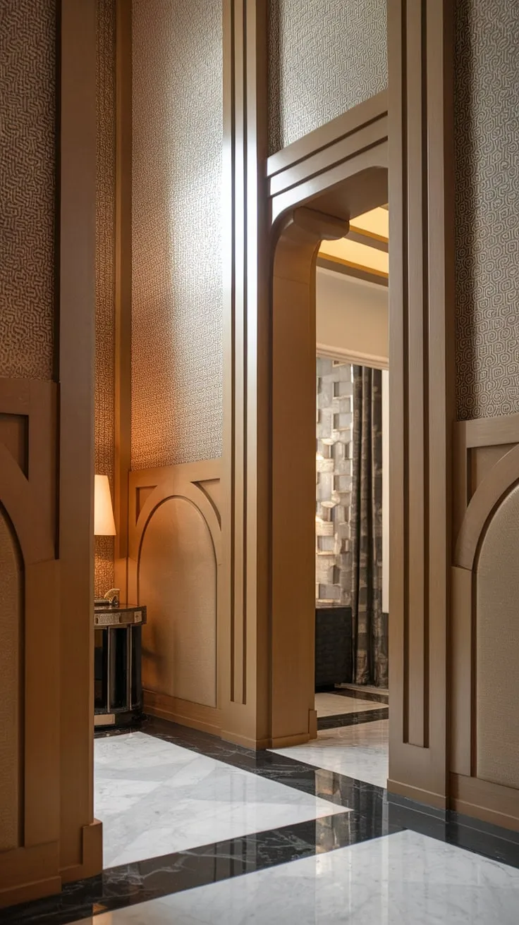 Art Deco dreams are made of this: entryway wainscoting that's both bold and sophisticated. This stunning example of wainscoting for high ceilings showcases incredible wall trim ideas and proves that wainscoting for hallways and foyers can be breathtaking. Consider this your inspiration for half panel wainscoting and entryway wallpaper.