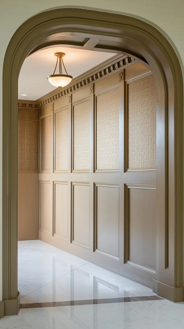 Step into elegance with this art deco entryway, showcasing stunning half-panel wainscoting that extends to the high ceiling. A perfect example of wainscoting for foyers and hallways, offering endless wainscoting ideas and wall trim ideas.