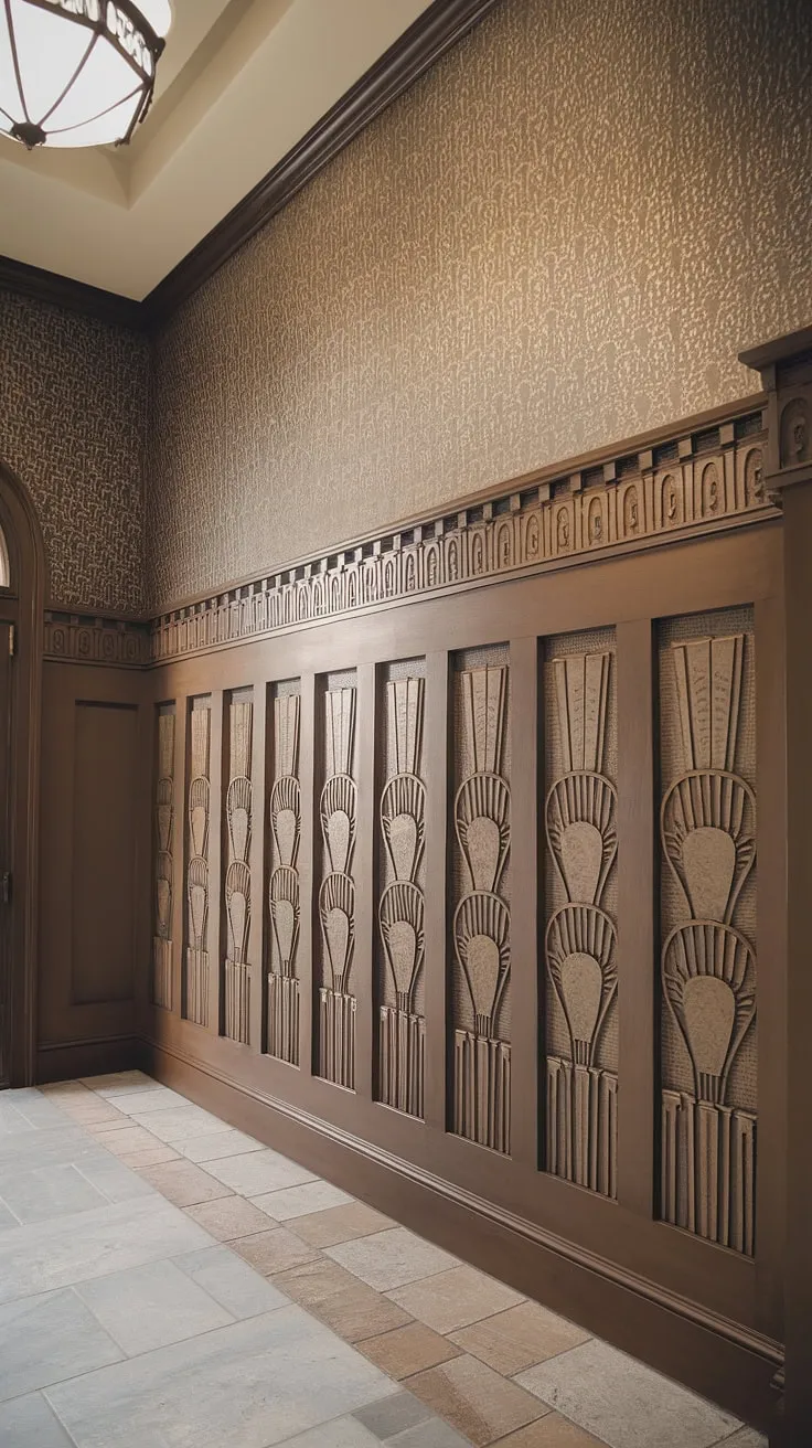 Step into elegance with this stunning entryway wainscoting, showcasing art deco design and clever wainscoting ideas. The full-height paneling, perfect for high ceilings, complements the patterned entryway wallpaper beautifully; a sophisticated take on wainscoting for foyers and hallways.