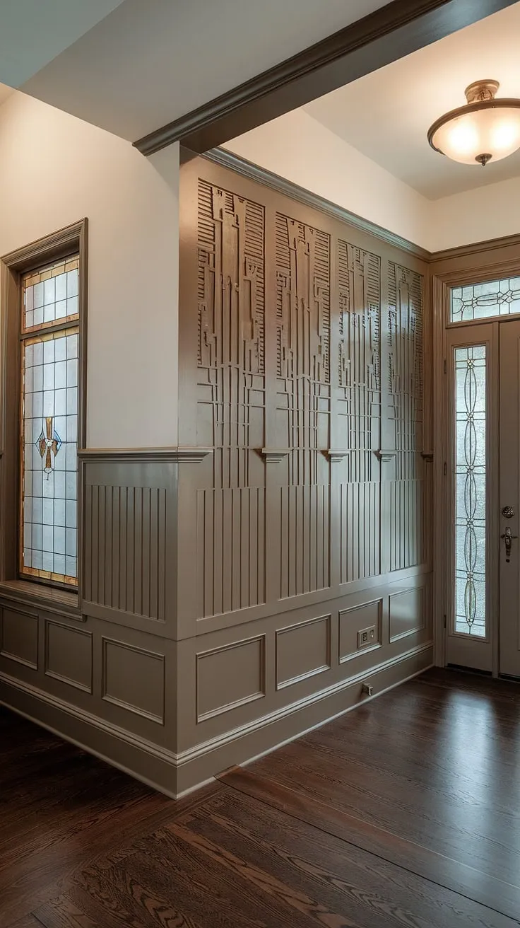 Step into elegance with this stunning entryway, showcasing exquisite art deco wainscoting that extends from floor to ceiling. This half panel wainscoting, a brilliant example of wainscoting for high ceilings, creates a dramatic focal point. The rich detail offers endless wainscoting ideas, perfect for foyers and hallways alike. Note the clever use of stained glass and the dark wood floor, complementing the wainscoting for hallways beautifully. While entryway wallpaper might be tempting, this design proves that sometimes, the wainscoting itself is enough to make a statement. Consider this a masterclass in wall trim ideas.