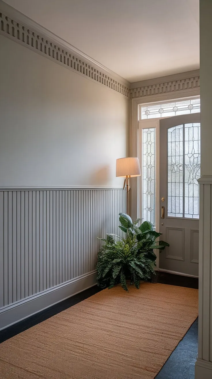 This stunning entryway showcases the elegance of art deco wainscoting, extending dramatically to the ceiling. The design offers inspiring wainscoting ideas, particularly for high ceilings and foyers. Consider this a masterclass in wainscoting for hallways, transforming a simple space into a sophisticated statement. The light grey walls complement the rich detail, while the half panel wainscoting adds a touch of classic charm. Instead of entryway wallpaper, this homeowner opted for a striking textural element, showcasing clever wall trim ideas.