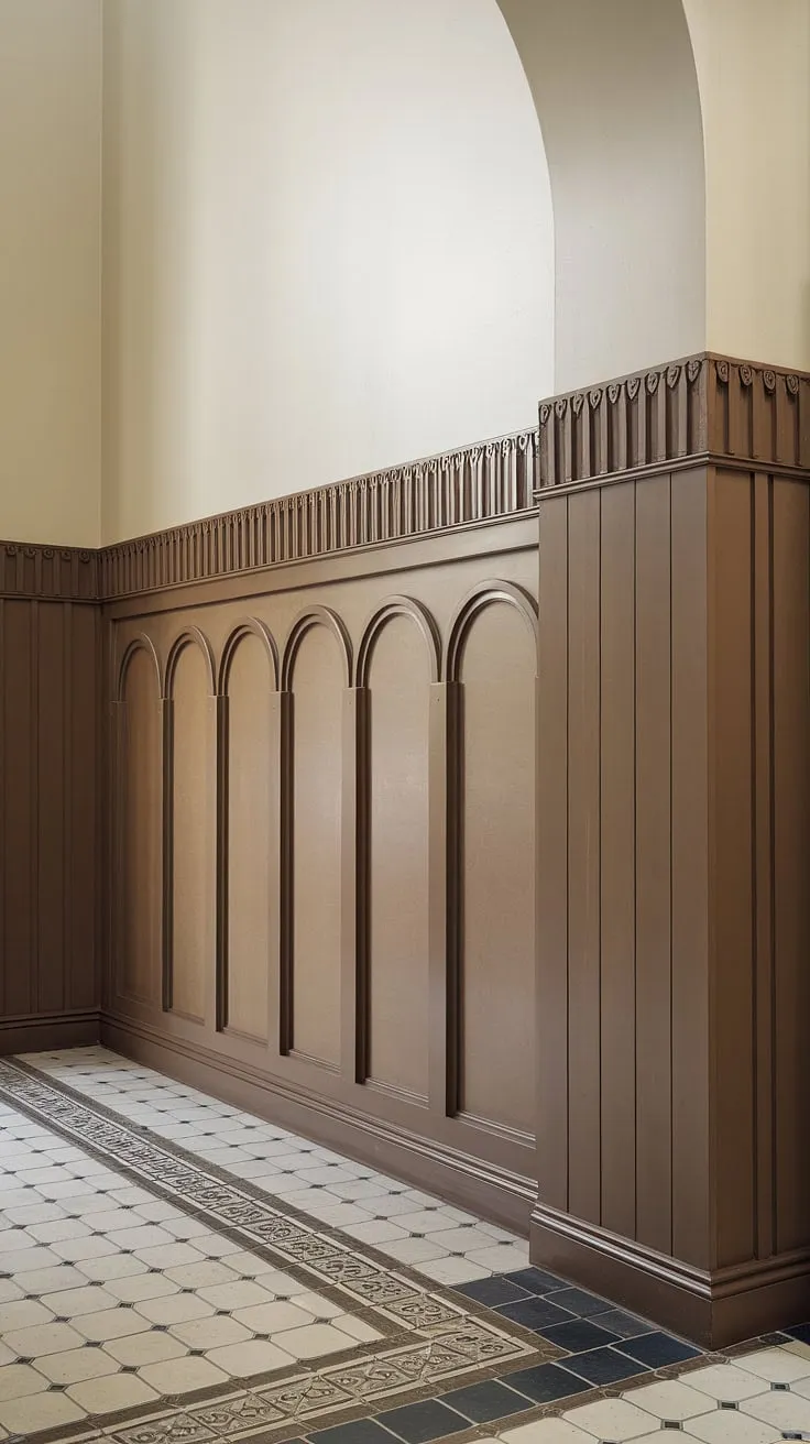 Step into elegance with this stunning entryway, showcasing exquisite art deco wainscoting. The half panel wainscoting, extending to the high ceilings, creates a sense of grandeur, offering inspiration for wainscoting ideas and wainscoting for hallways. The decorative border and patterned tile floor complement the design perfectly, making it an ideal example of wainscoting for foyers and wainscoting for high ceilings. This is a masterclass in wall trim ideas, transforming a simple entryway into a statement piece. Consider this a showcase of entryway wallpaper alternatives.