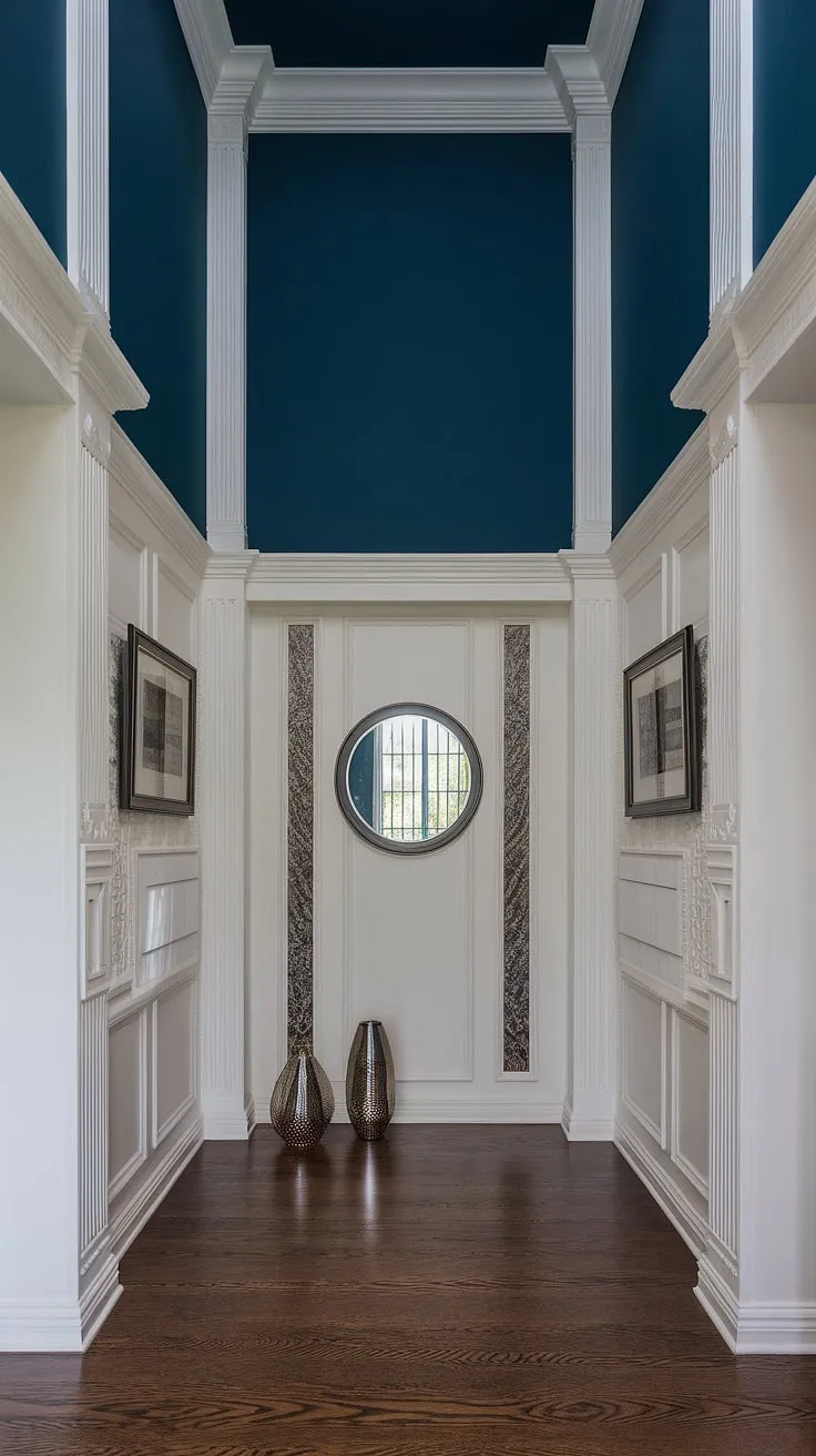 This art deco entryway wainscoting is a showstopper. From wainscoting for hallways to wainscoting for foyers, this design proves that half panel wainscoting can transform any space. The deep blue above complements the white wainscoting perfectly, offering a fresh take on entryway wallpaper alternatives. A true inspiration for wainscoting ideas.