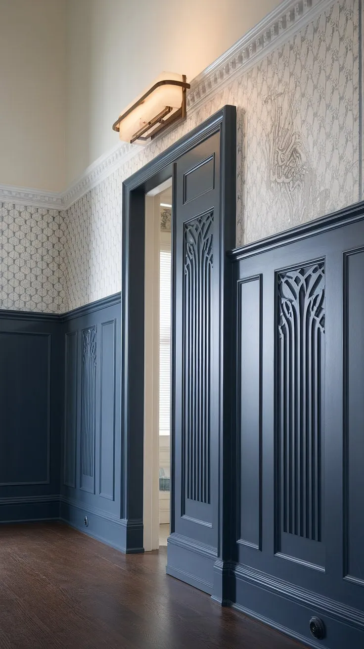 Step into elegance with this stunning entryway wainscoting design. Art Deco details meet modern sophistication in this half panel wainscoting, perfect for hallways and foyers with high ceilings. The entryway wallpaper complements the rich dark blue and white scheme, offering endless wainscoting ideas for your own home.