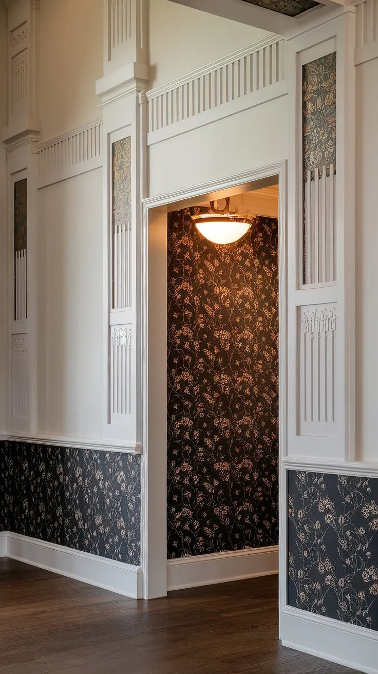 Step into elegance with this stunning entryway wainscoting design. Art Deco details and a dramatic floral wallpaper create a showstopping focal point, showcasing wainscoting for high ceilings and offering endless wainscoting ideas for hallways and foyers. This half panel wainscoting is a masterclass in wall trim ideas.
