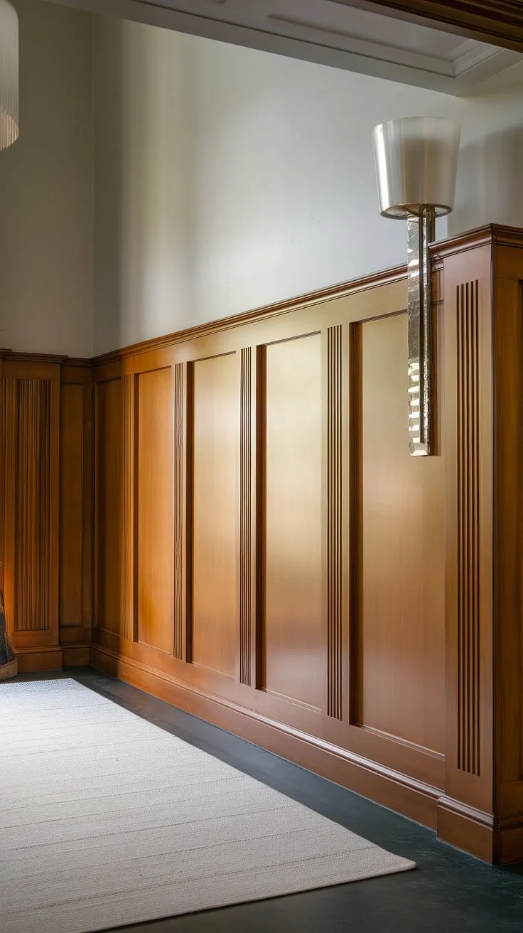 This art deco inspired entryway, featuring wainscoting for high ceilings, is a masterclass in wainscoting for hallways. The half-panel wainscoting design is a dream come true for wainscoting ideas, creating a luxurious feel without overwhelming the space. Consider this a perfect example of wainscoting for foyers, though entryway wallpaper could also complement this design beautifully.