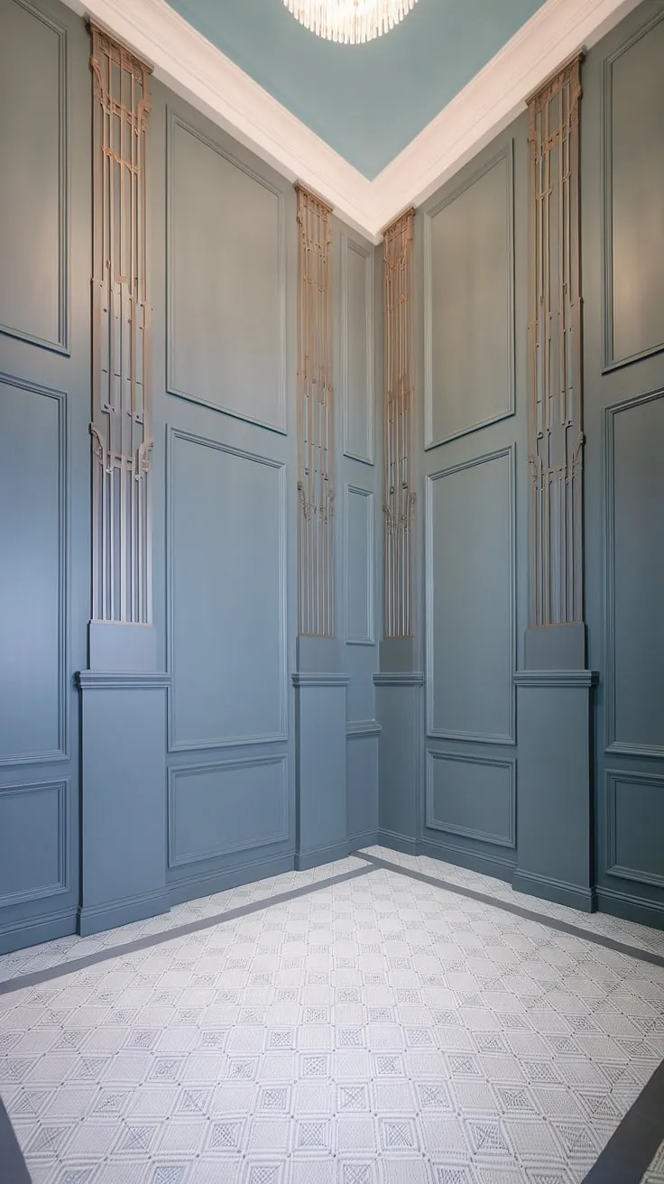 Art deco wainscoting transforms this high-ceilinged foyer into a masterpiece. This wainscoting for foyers demonstrates the impact of half panel wainscoting and entryway wallpaper. Perfect wainscoting for hallways, this design offers inspiring wainscoting ideas and wall trim ideas for any home.