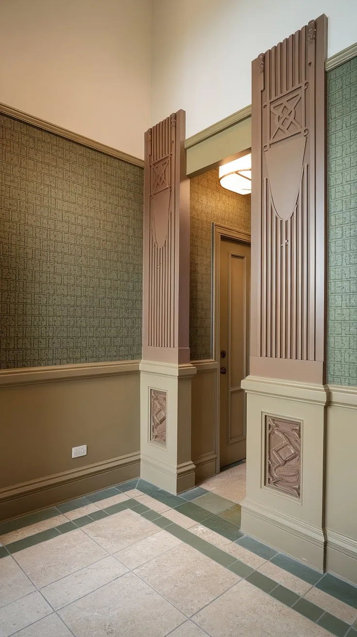 This art deco entryway wainscoting is a masterclass in design. Wainscoting for high ceilings has never looked so chic. From the geometric patterns to the fluted pillars, this half panel wainscoting is perfect wainscoting for hallways and foyers. The entryway wallpaper and tile flooring complete this luxurious look, offering endless wainscoting ideas.