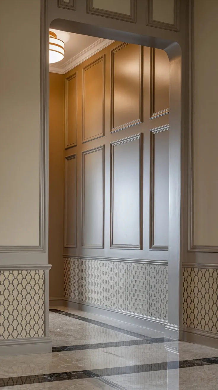 Grand entryway wainscoting elevates this space, showcasing stunning half-panel wainscoting that extends to the high ceilings. Art deco details and geometric entryway wallpaper complete the luxurious look. Perfect wainscoting ideas for foyers and hallways.