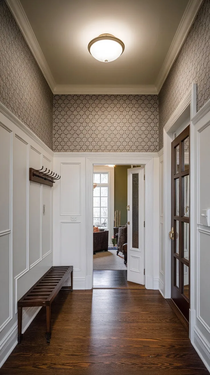 Step into elegance with this stunning entryway, featuring art deco half panel wainscoting that extends halfway up the walls, a perfect example of wainscoting for foyers. The crisp white wainscoting contrasts beautifully with the patterned entryway wallpaper above, showcasing clever wainscoting ideas for high ceilings. Dark hardwood floors and a simple coat rack complete the look, making it ideal wainscoting for hallways. This design offers inspiring wall trim ideas and demonstrates how art deco wainscoting can transform a space.