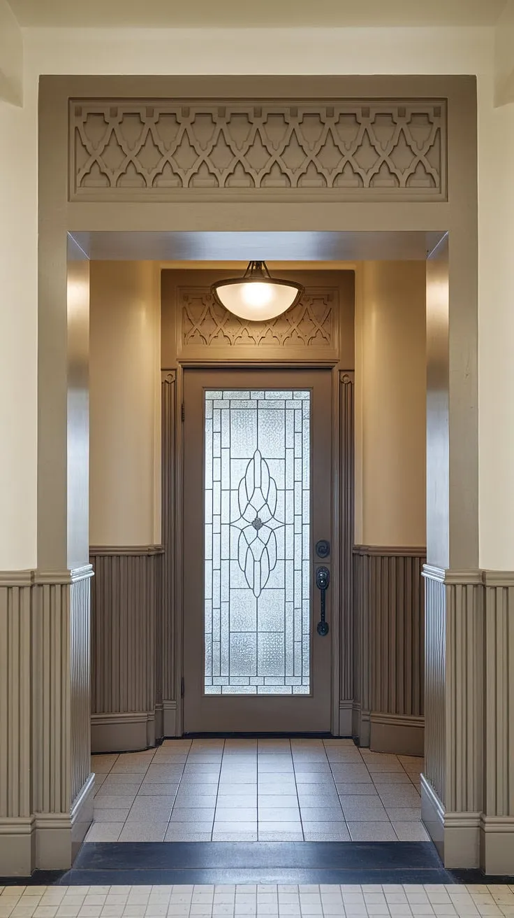 This architectural photograph highlights the dramatic effect of art deco wainscoting in a light and airy entryway. The wainscoting, reaching from floor to ceiling, provides a wealth of wainscoting ideas for those seeking a statement piece. Perfect for wainscoting for high ceilings, this design is equally suitable for foyers and hallways. The decorative glass panel in the door complements the intricate wainscoting, offering a unique take on half panel wainscoting. Forget entryway wallpaper – this is a showstopper. Explore these wall trim ideas for your own home.